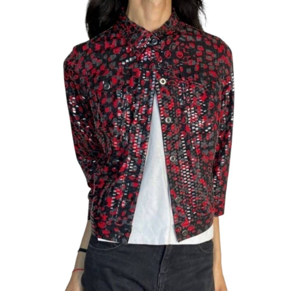 Ruby Rd Spring Punk 90's Vintage Red Black Boho Button Up Shiny Jacket Size Med